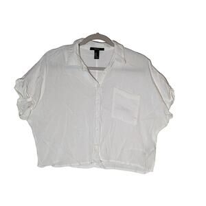 Forever 21 Cropped Top Medium White Sheer Button Up Collared Centre Seam‎ Layer